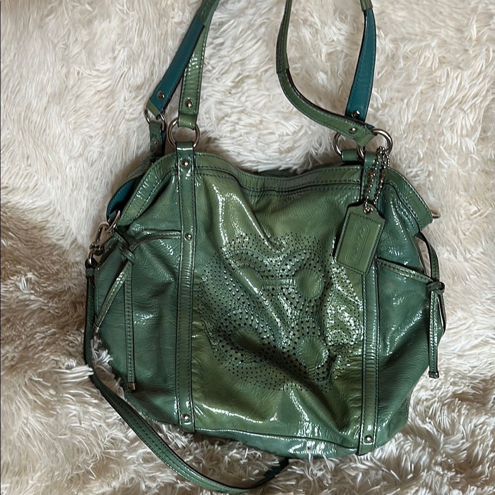 Blue-Green Leather coach boho Tote Bag